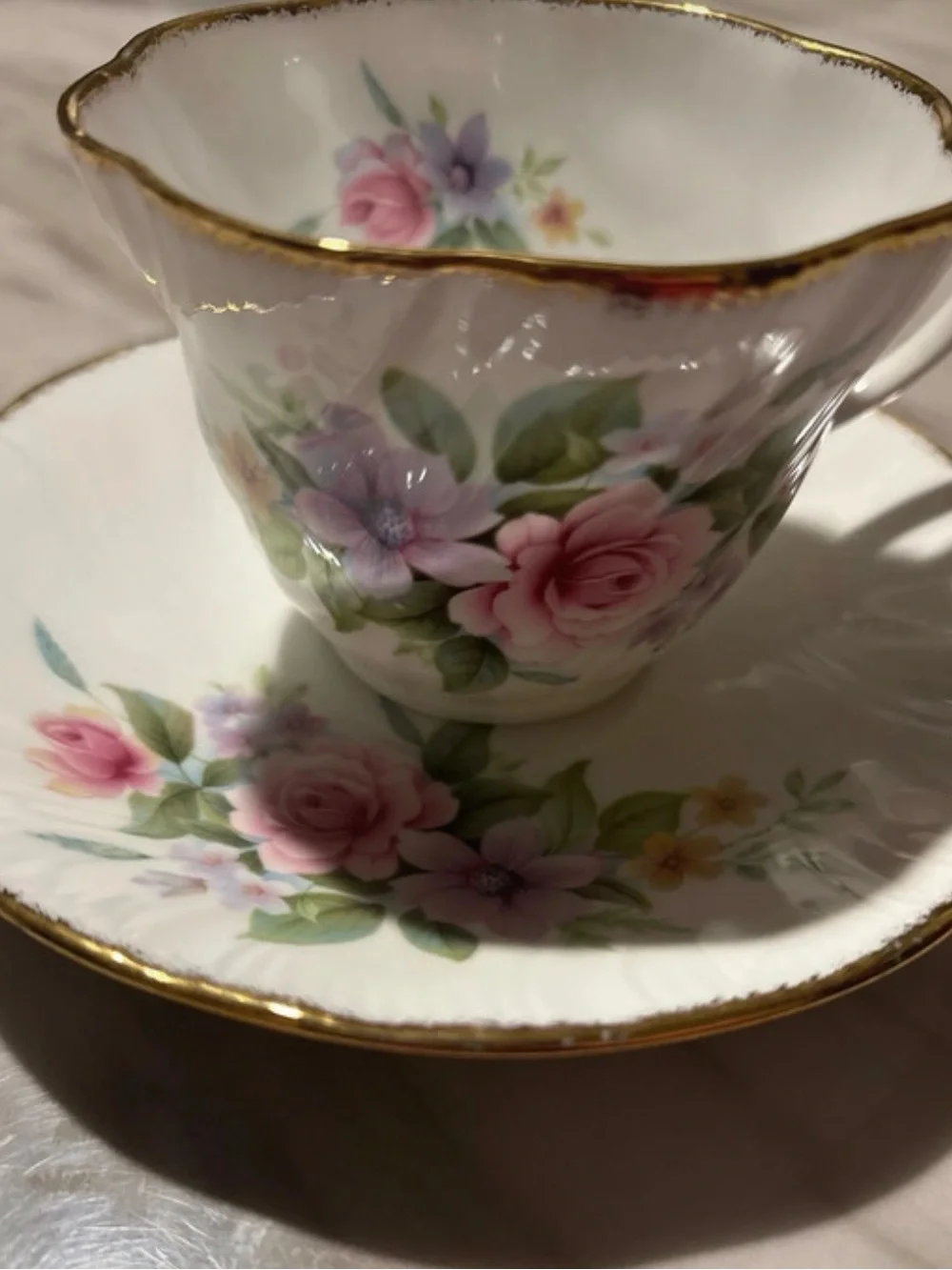 Heritage Pink Floral Porcelain Tea Cup & Saucer with Gold Trim